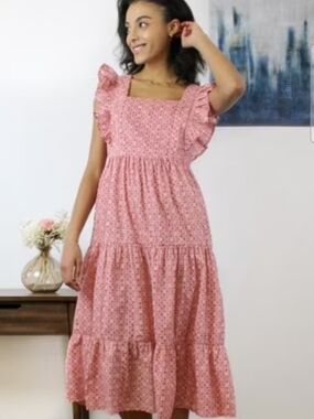 beachlunchlounge Pink Floral Tiered Maxi Dress with Ruffled Sleeves